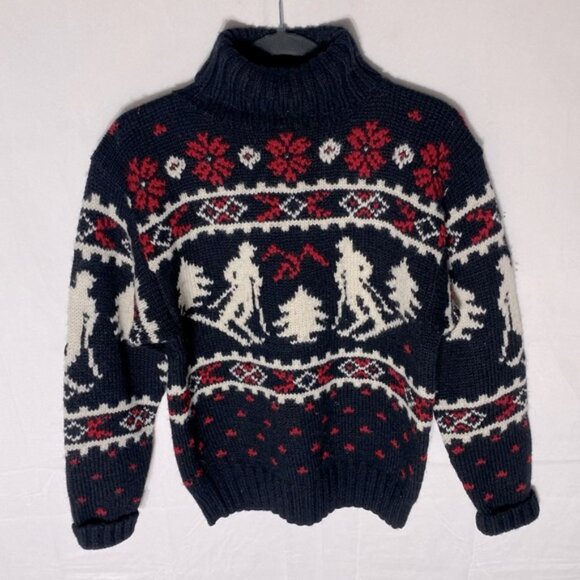 Vintage Ralph Lauren Hand Knit Wool Black Red White Skiers Turtleneck Sweater M - Picture 1 of 14